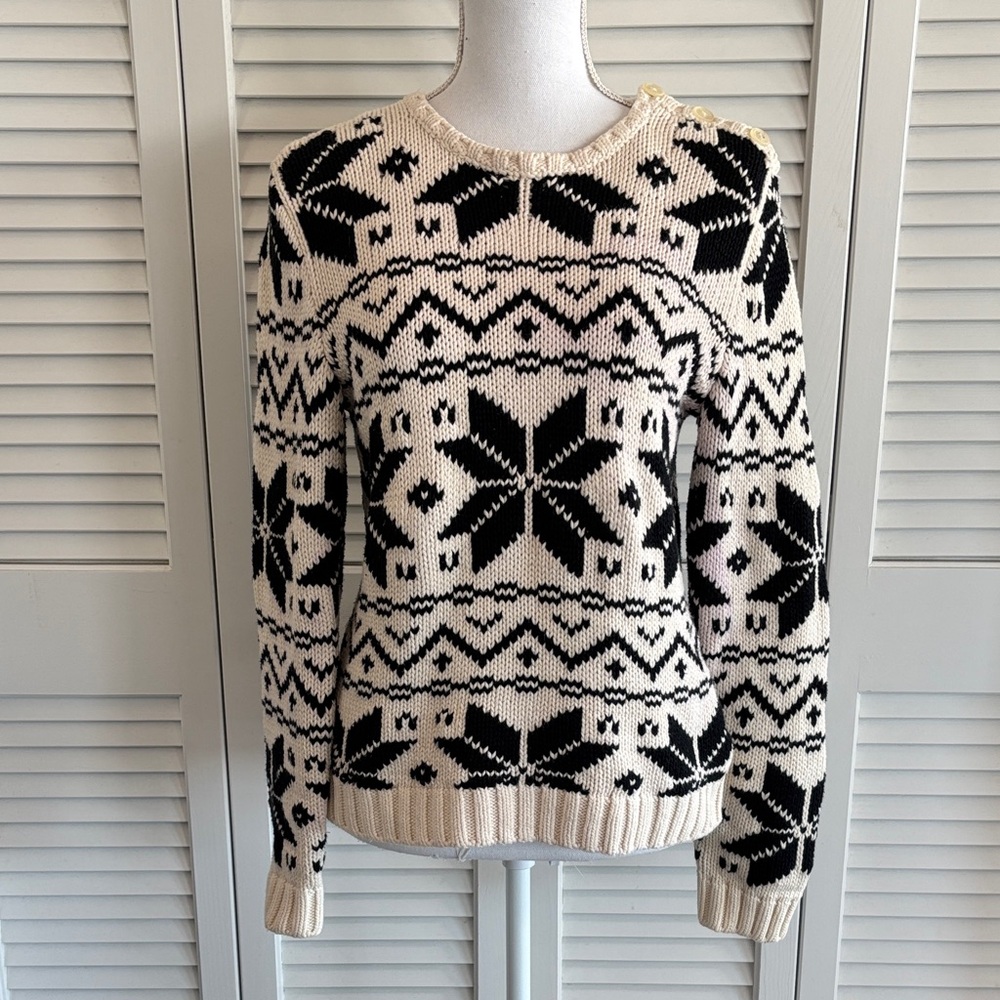 Ralph Lauren Fair Isle Snowflake Sweater Cotton Vintage Black Cream Size Medium